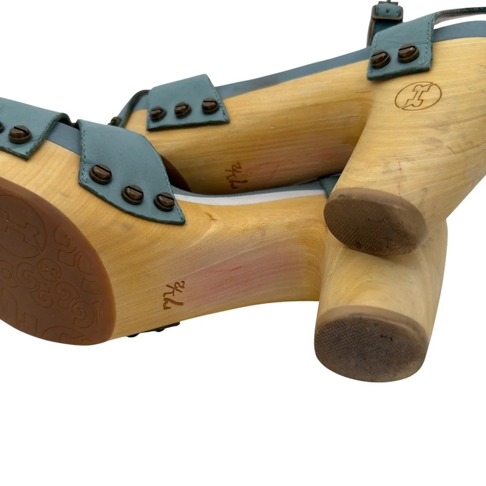 Flogg Wooden Platform Sandals‎ Teal Leather Studded Heels Women's 7.5